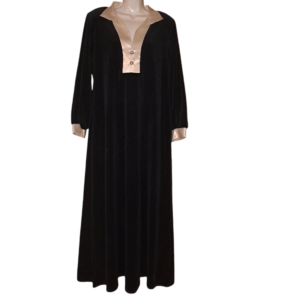 Vtg LUCIE ANN 1970's Mod Lounge Wear Maxi Dress Velour Pockets Oversized